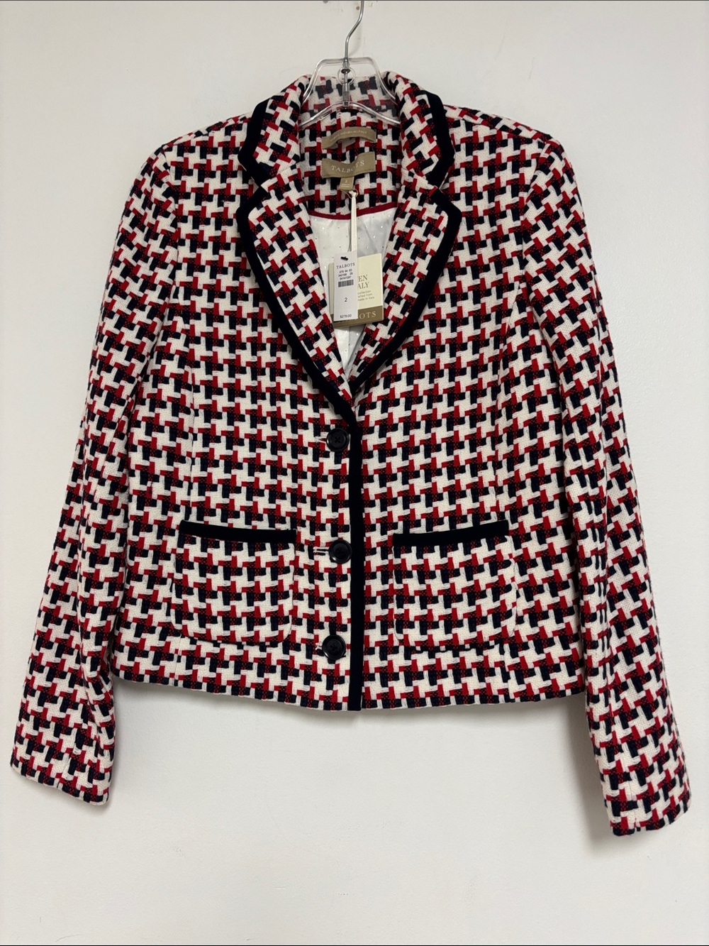 Talbots Luxe Woven Houndstooth Jacket NWT Size 2 Red, White, and Blue